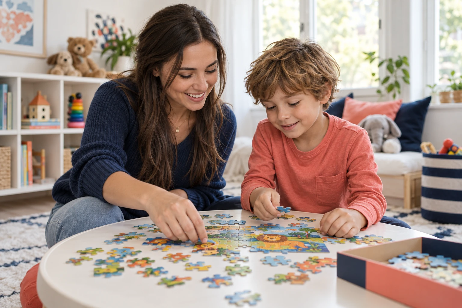 Ein Au Pair setzt mit einem Kind ein Puzzle zusammen.