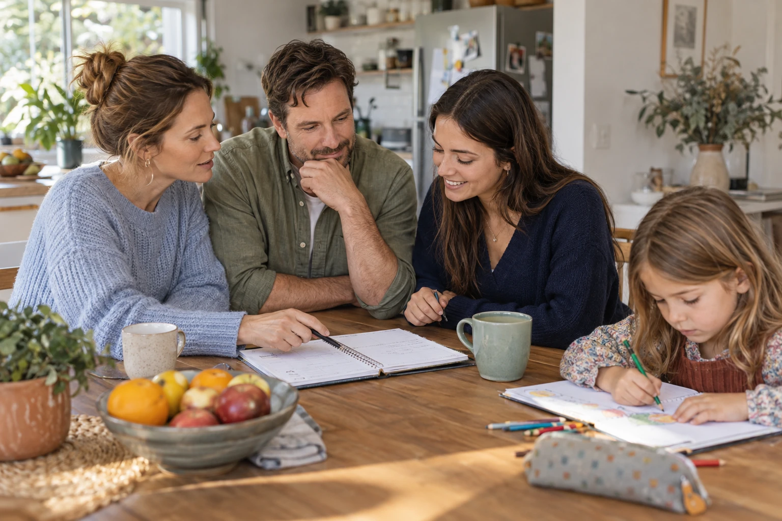 Host parents and their au pair planning everyday family life.