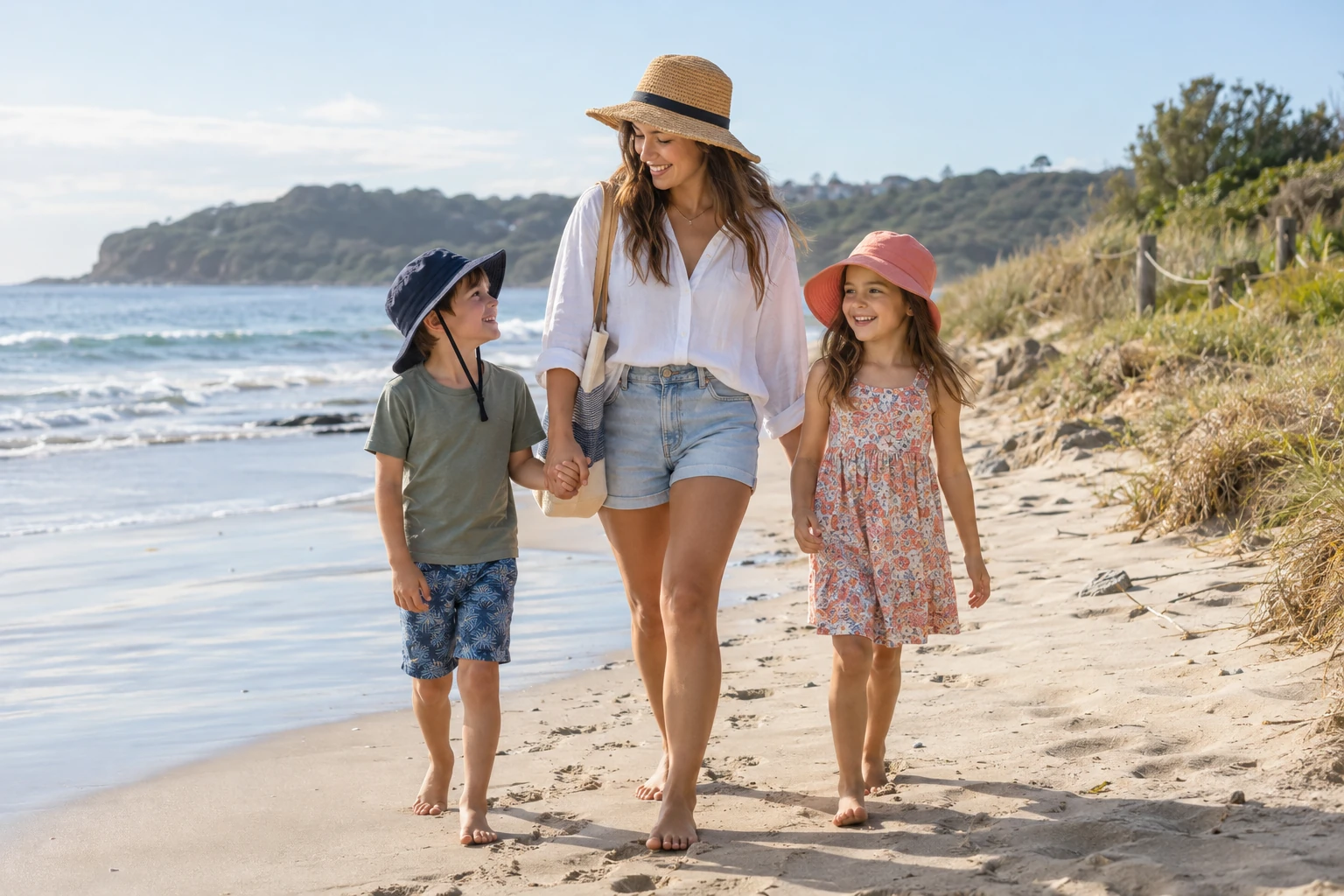 Ein Au Pair geht mit zwei Kindern an einem australischen Strand spazieren.