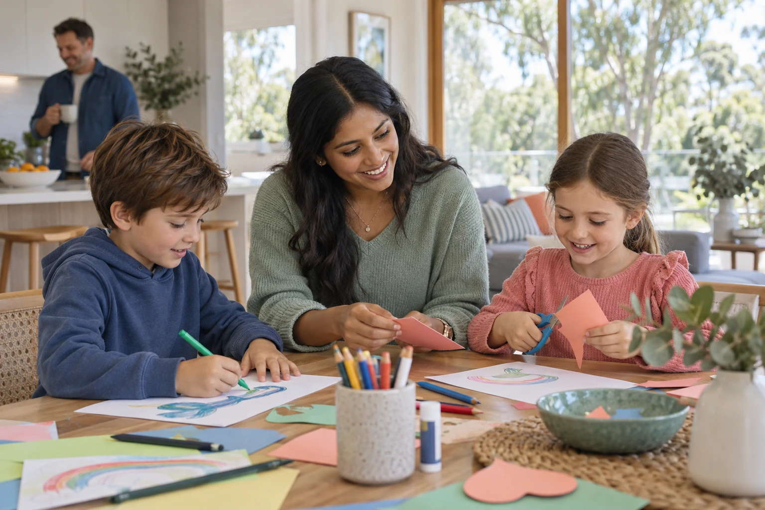 Ein Au Pair bastelt und zeichnet mit Kindern in einer australischen Gastfamilie.