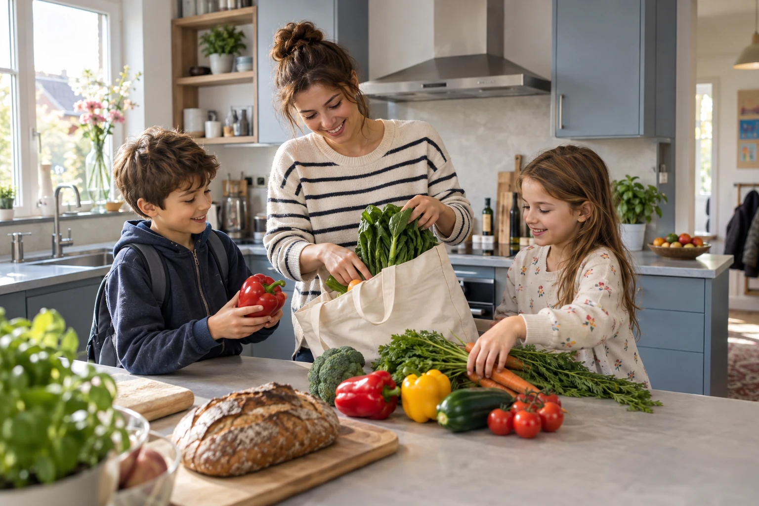 Ein Au Pair und Kinder packen Lebensmittel in der Küche aus.