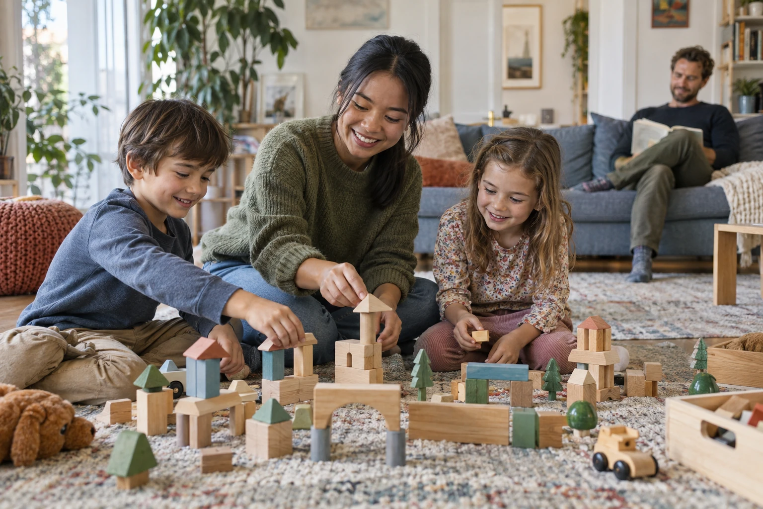 Ein Au Pair baut mit zwei Kindern eine Stadt aus Holzklötzen.