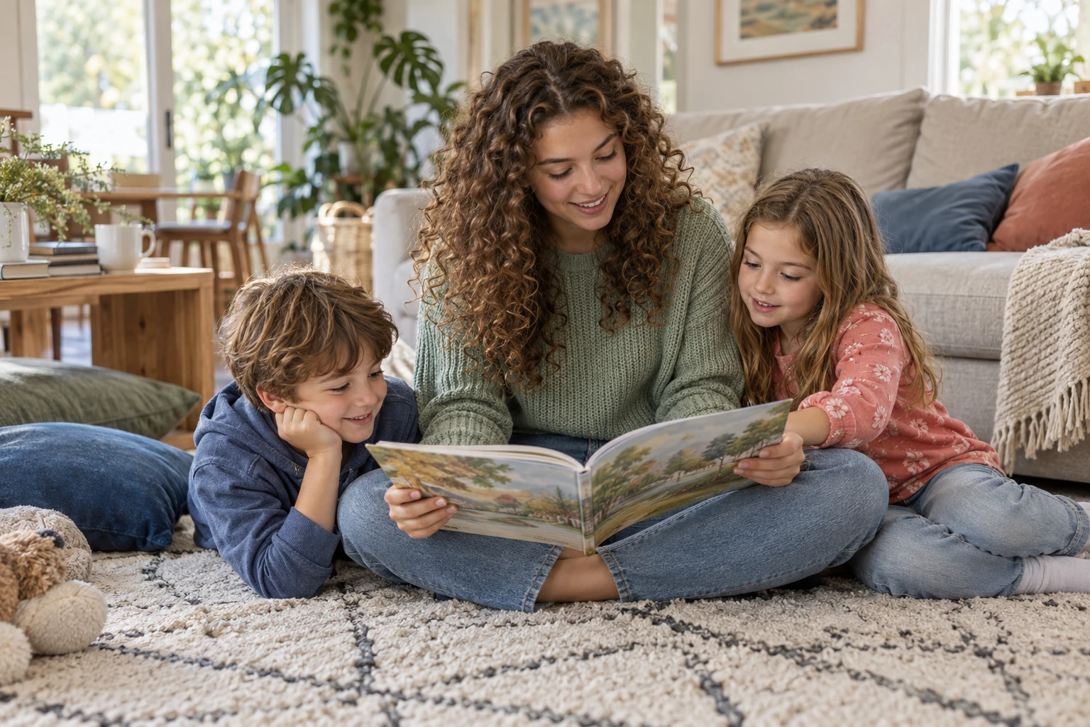 An au pair reading a picture book with two children.