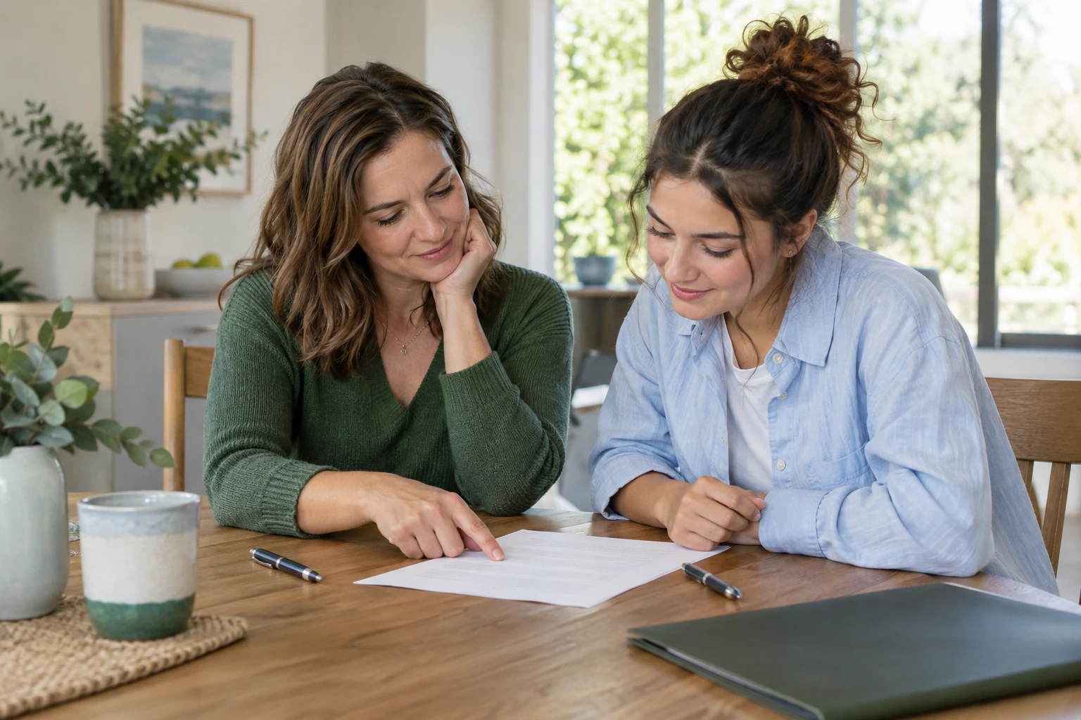 A host mother and her au pair reviewing an agreement.