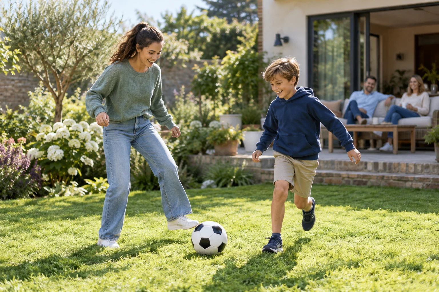 An au pair playing football with a child in the garden.