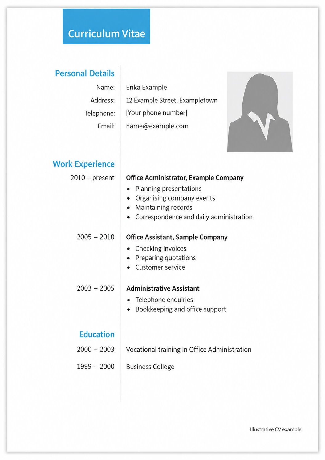 Illustrative English CV with personal details, work experience and education sections.